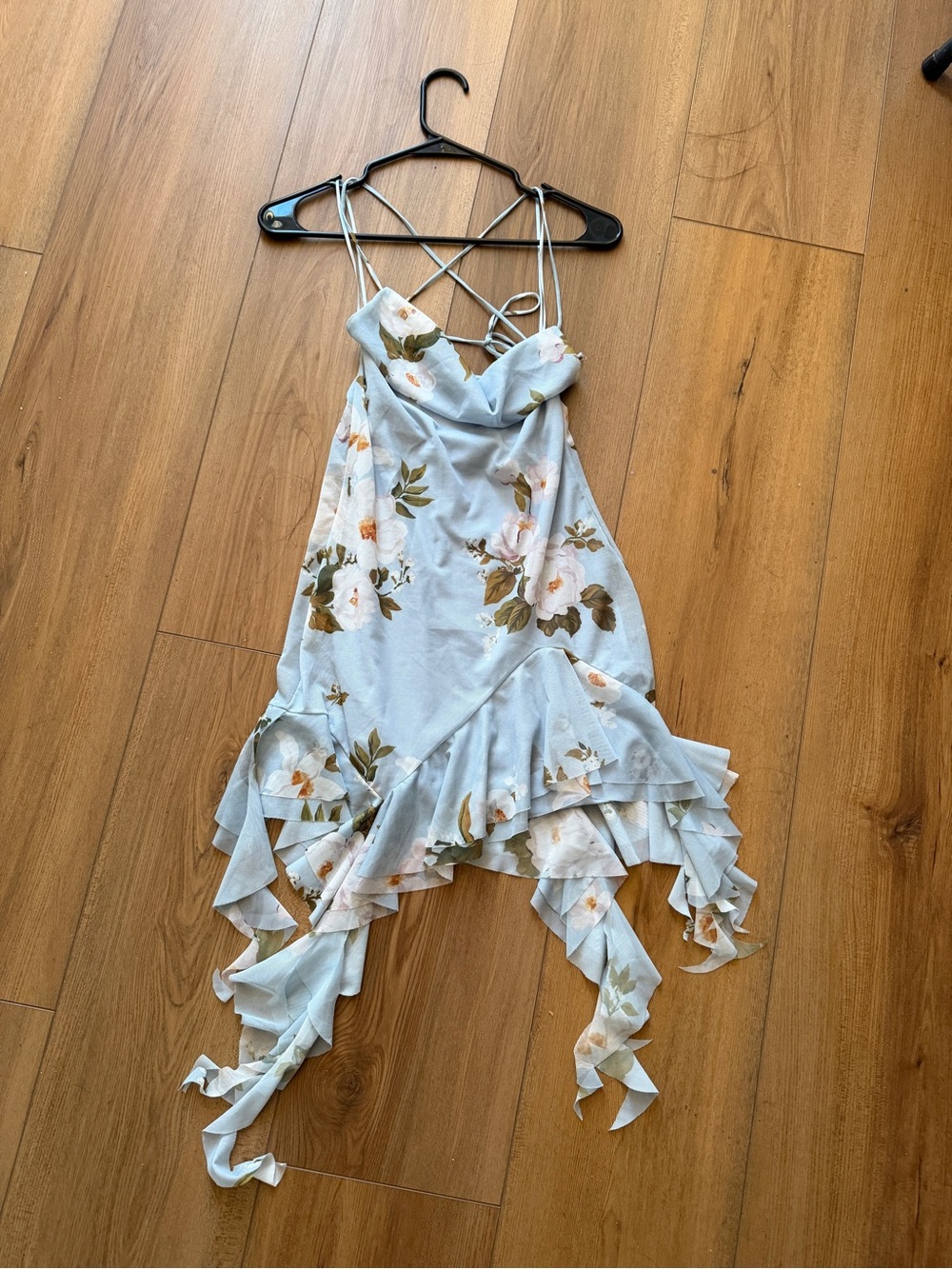 Zara Pale Blue Floral Asymmetrical Ruffle Slip Dress